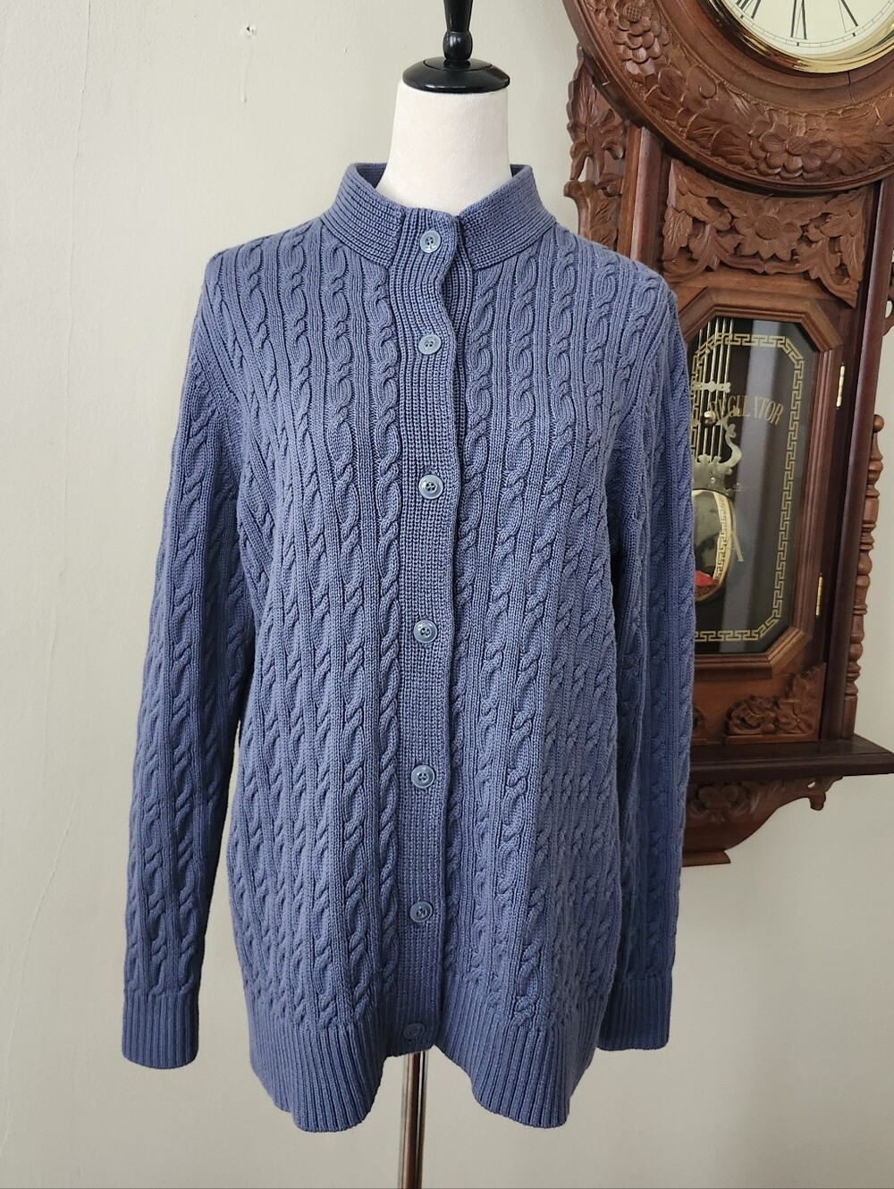 L.L. Bean Cable Knit Button-Up Sweater Cardigan Blue, L - Picture 2 of 9